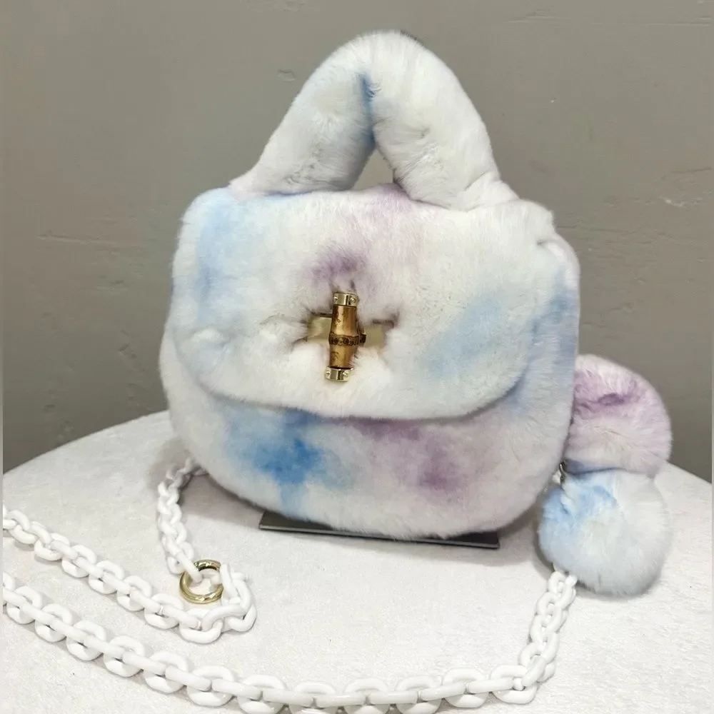 Stunning Real Rex Rabbit Fur Handmade Top Handle Bag &  Fur Balls Bag Charm